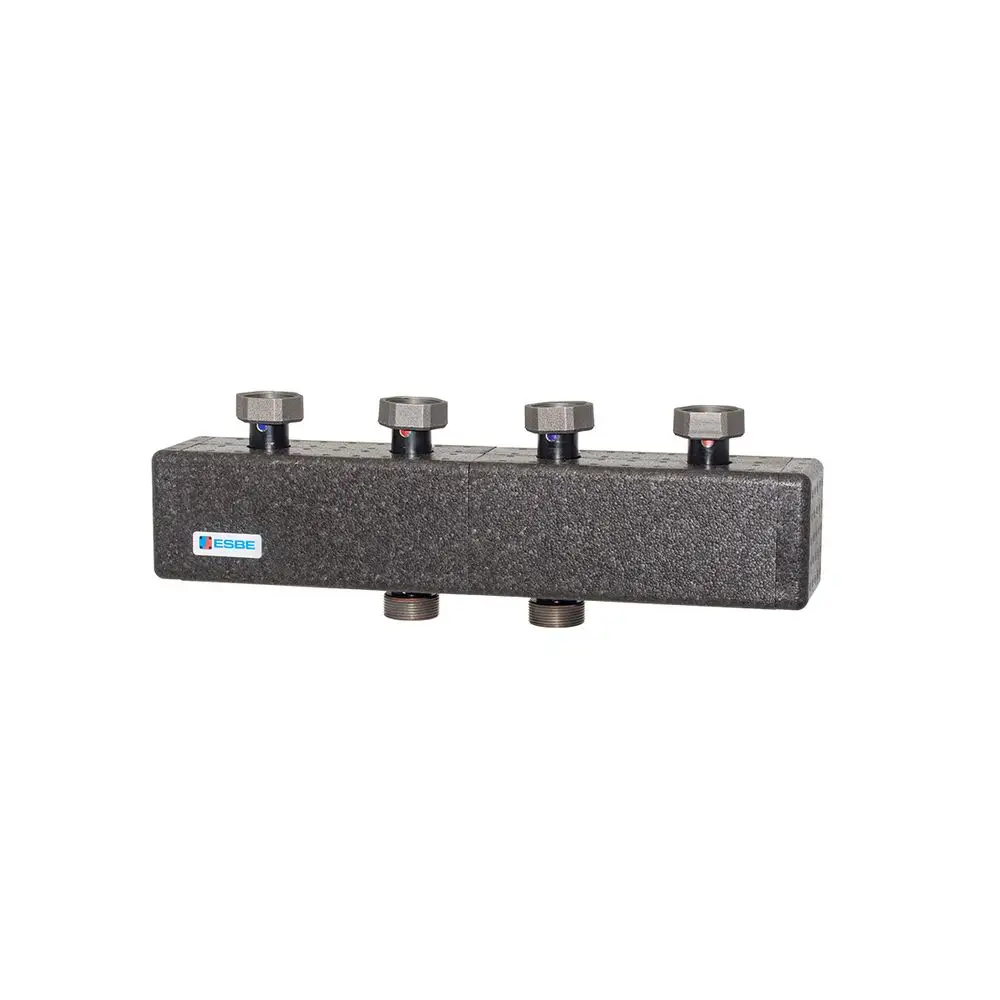 Verteilerblock von ESBE in rechteckiger Form mit mehreren Anschlüssen und Stellschrauben, geeignet für hydraulische Systeme.